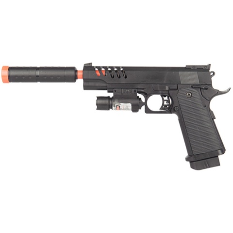 UK Arms Airsoft Spring M1911 Pistol w/ Mock Extension & Laser - BLACK