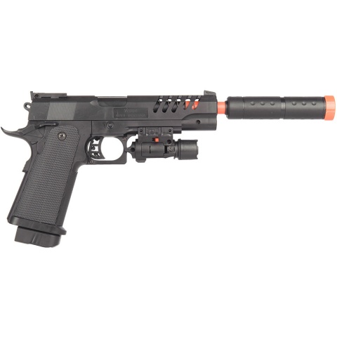 UK Arms Airsoft Spring M1911 Pistol w/ Mock Extension & Laser - BLACK