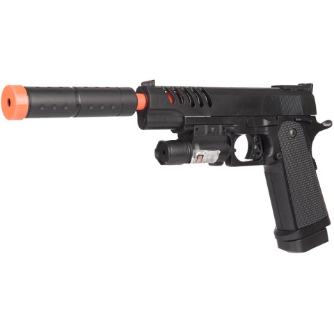 UK Arms Airsoft Spring M1911 Pistol w/ Mock Extension & Laser - BLACK
