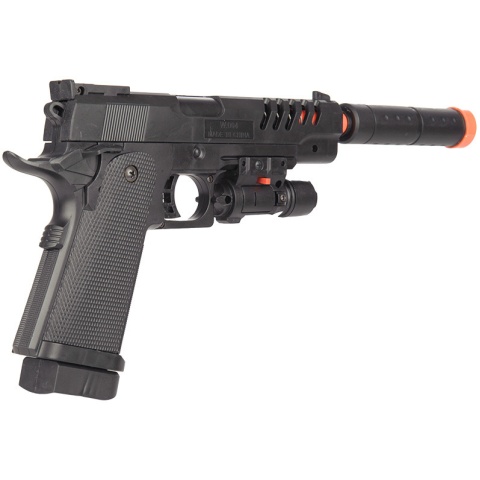 UK Arms Airsoft Spring M1911 Pistol w/ Mock Extension & Laser - BLACK