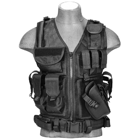 Doorbuster: Lancer Tactical Airsoft Cross Draw Combat Vest w/ Holster - BLACK