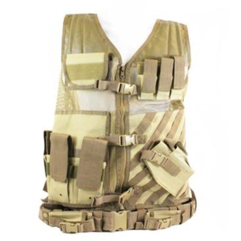 NcStar Military Cross Draw Vest w/ Integrated Holster - TAN 2XL-3XL