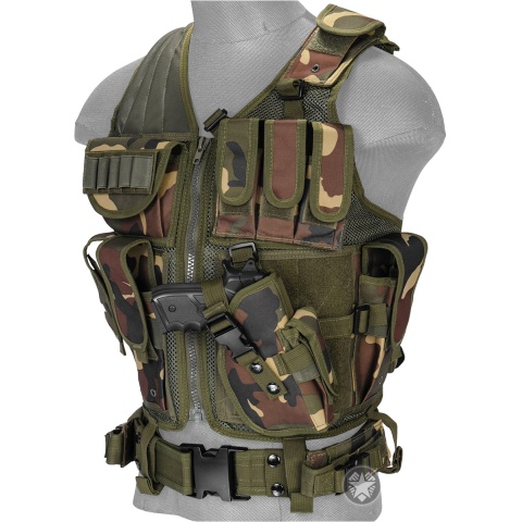 Lancer Tactical Airsoft 1000D Nylon Cross Draw Combat Vest - WOODLAND