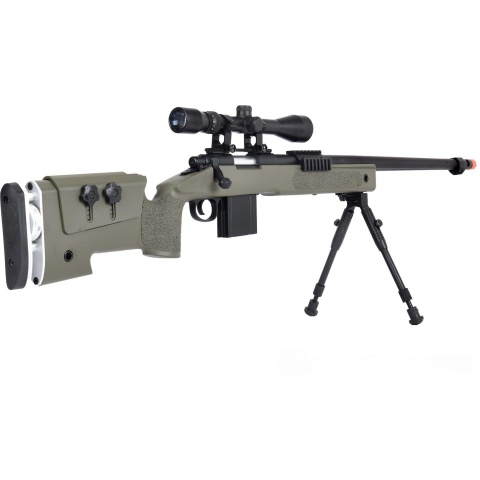 WellFire MB4417 M40A3 Bolt Action Airsoft Sniper Rifle w/ Scope & Bipod - OD GREEN