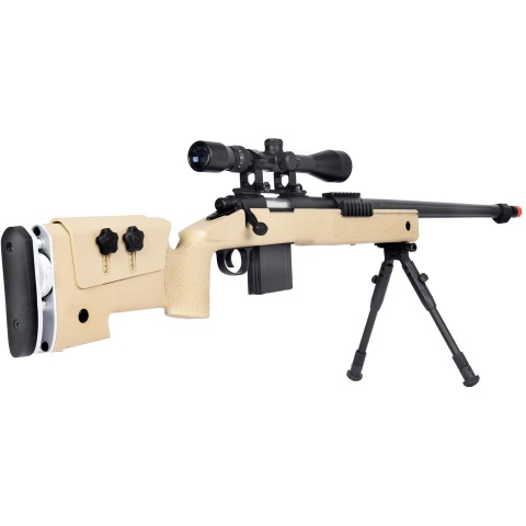 WellFire MB4417 M40A3 Bolt Action Airsoft Sniper Rifle w/ Scope & Bipod - TAN