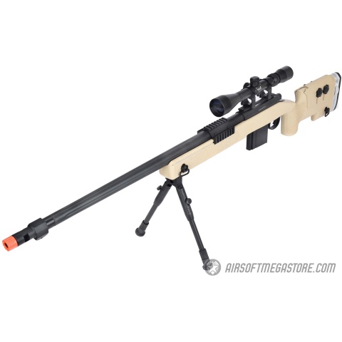 WellFire MB4417 M40A3 Bolt Action Airsoft Sniper Rifle w/ Scope & Bipod - TAN