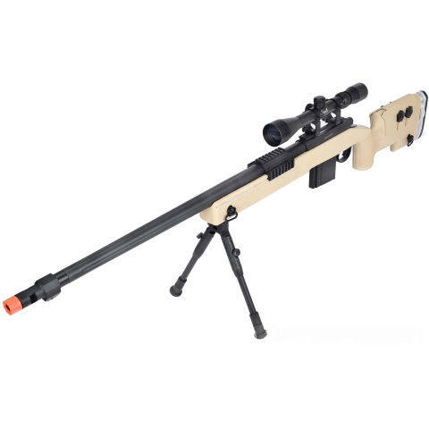 WellFire MB4417 M40A3 Bolt Action Airsoft Sniper Rifle w/ Scope & Bipod - TAN