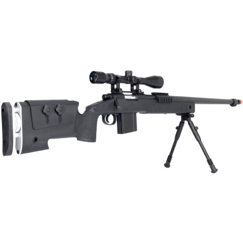 WellFire MB4417 M40A3 Bolt Action Airsoft Sniper Rifle w/ Scope & Bipod - BLACK