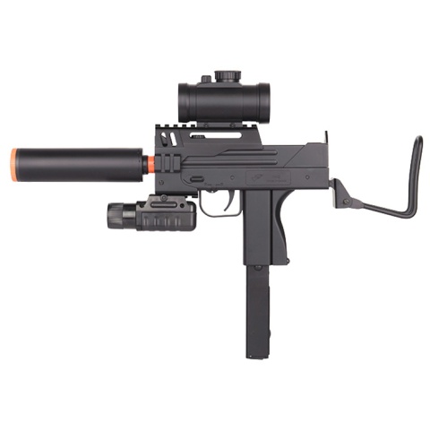 Double Eagle M42P Spring Powered Mac 11 Uzi with Suppressor, Flashlight/Laser, and Red Dot Sight - BLACK