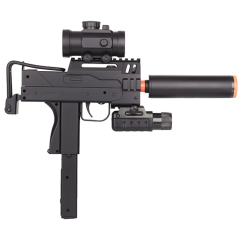 Double Eagle M42P Spring Powered Mac 11 Uzi with Suppressor, Flashlight/Laser, and Red Dot Sight - BLACK