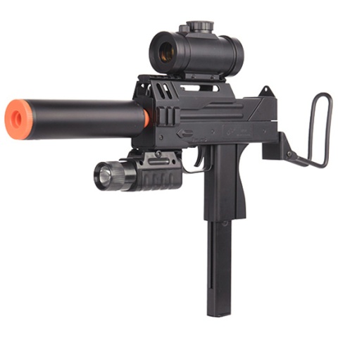 Double Eagle M42P Spring Powered Mac 11 Uzi with Suppressor, Flashlight/Laser, and Red Dot Sight - BLACK