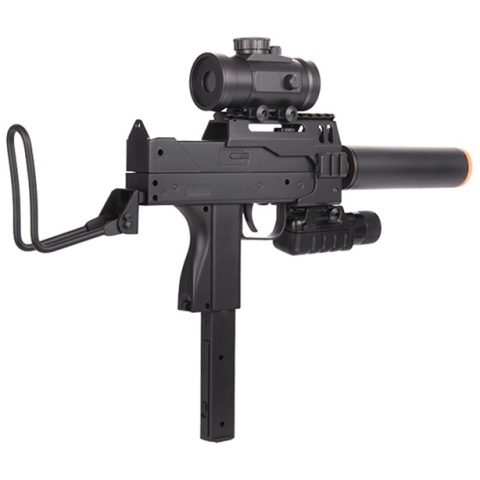 Double Eagle M42P Spring Powered Mac 11 Uzi with Suppressor, Flashlight/Laser, and Red Dot Sight - BLACK