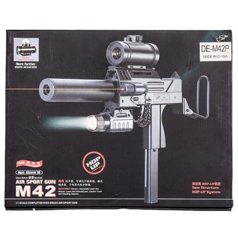 Double Eagle M42P Spring Powered Mac 11 Uzi with Suppressor, Flashlight/Laser, and Red Dot Sight - BLACK