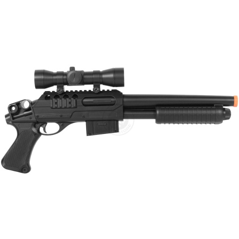 Double Eagle Tactical Sawed-Off Pump Action Airsoft Shotgun w/ Scope, Laser (Color: Black)
