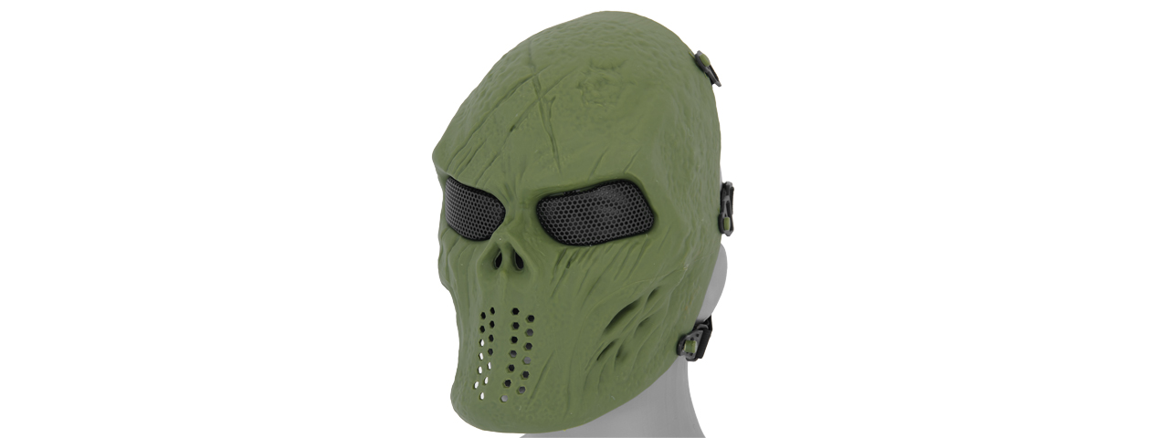 UK ARMS AIRSOFT VILLAIN SKULL FULL FACE MESH MASK - OD GREEN - Click Image to Close