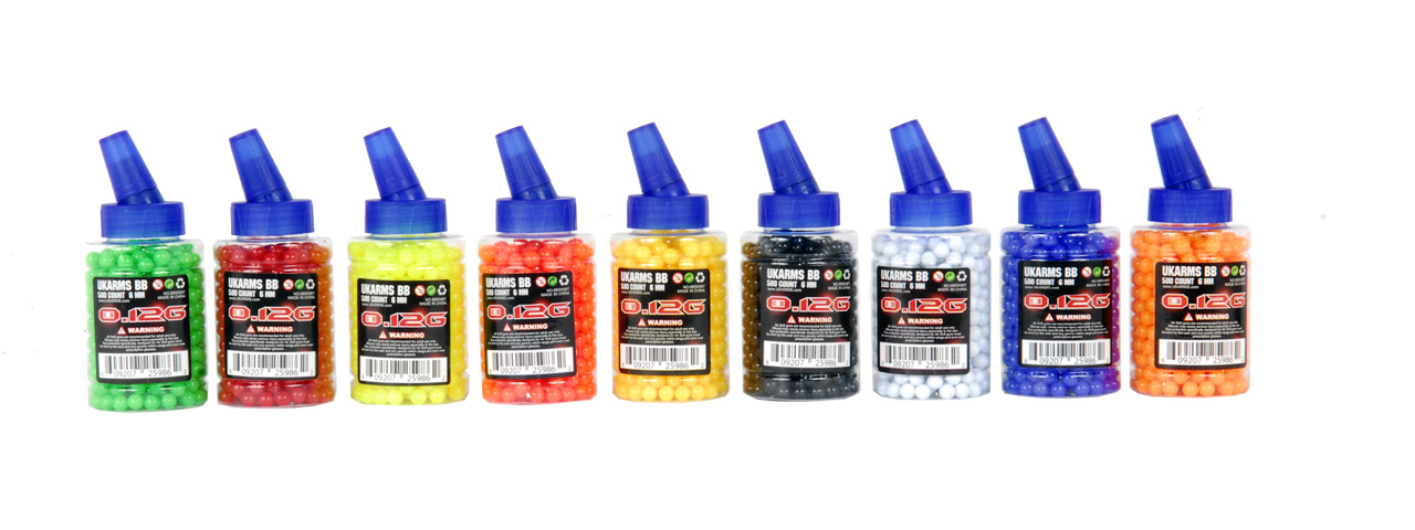 UKARMS BB500BT 0.12g 6mm BBs, 500 Rounds per Bottle, Mixed Colors per Case - Click Image to Close
