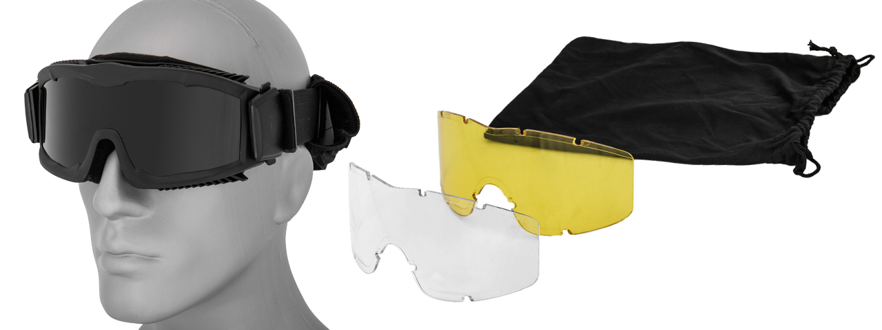 Lancer Tactical CA-223B Airsoft Safety Mask Vented with Multi Lens Kit - Black Frame / Smoke, Clear and Yellow Lens - Click Image to Close