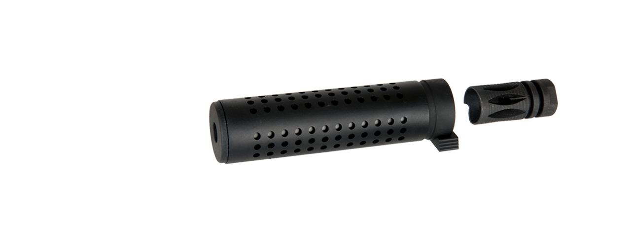 Lancer Tactical 39mm x 144mm QD Barrel Extension w/ Flash Hider (BLACK) - Click Image to Close