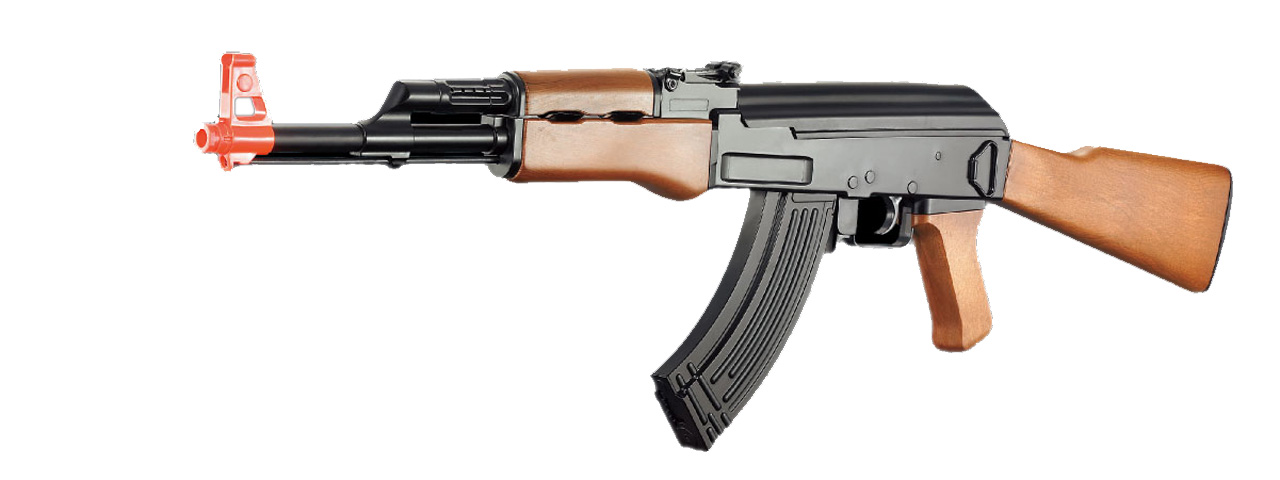 CM022 ABS PLASTIC AK47 AEG AIRSOFT RIFLE - (BLACK/FAUX WOOD) - Click Image to Close