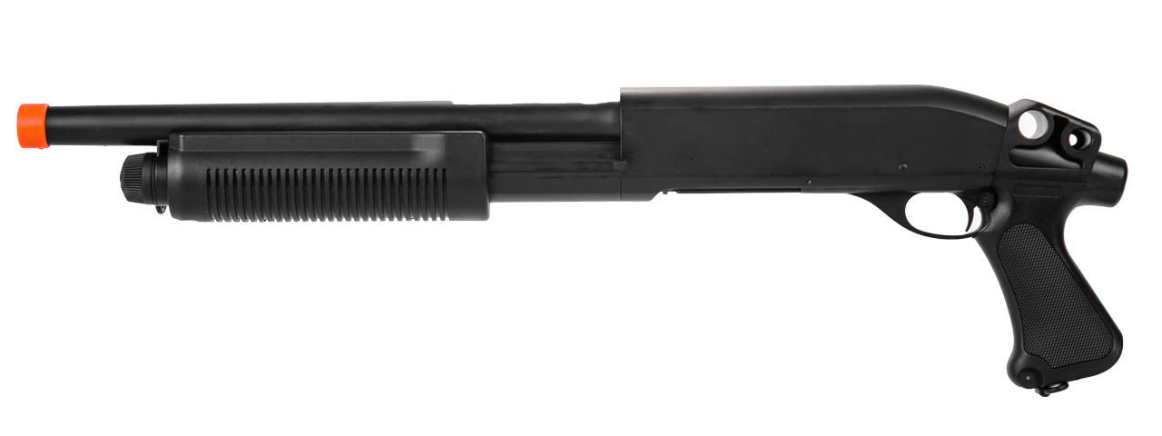 LANCER TACTICAL M870 FULL METAL 3-ROUND BURST PISTOL GRIP AIRSOFT SHOTGUN (BLACK) - Click Image to Close
