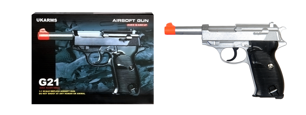 UKARMS G21S Metal Spring Pistol, 8.5", Silver - Click Image to Close