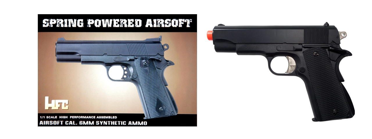 HFC M1911 AIRSOFT SPRING PISTOL W/ HEAVYWEIGHT MAGAZINE - BLACK - Click Image to Close