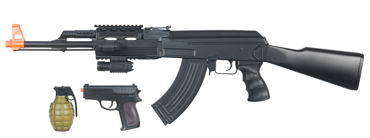 CYMA IU-AK47B TACTICAL AK47 AEG PLASTIC GEAR w/LASER, FLASHLIGHT, P618 PISTOL & 700-RD GRENADE BBs (COLOR: BLACK) - Click Image to Close