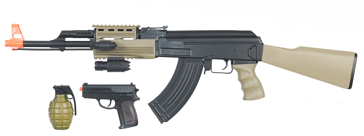 CYMA IU-AK47T TACTICAL AK47 AEG PLASTIC GEAR w/LASER, FLASHLIGHT, P618 PISTOL & 700-RD GRENADE BBs (COLOR: DARK EARTH & BLACK) - Click Image to Close