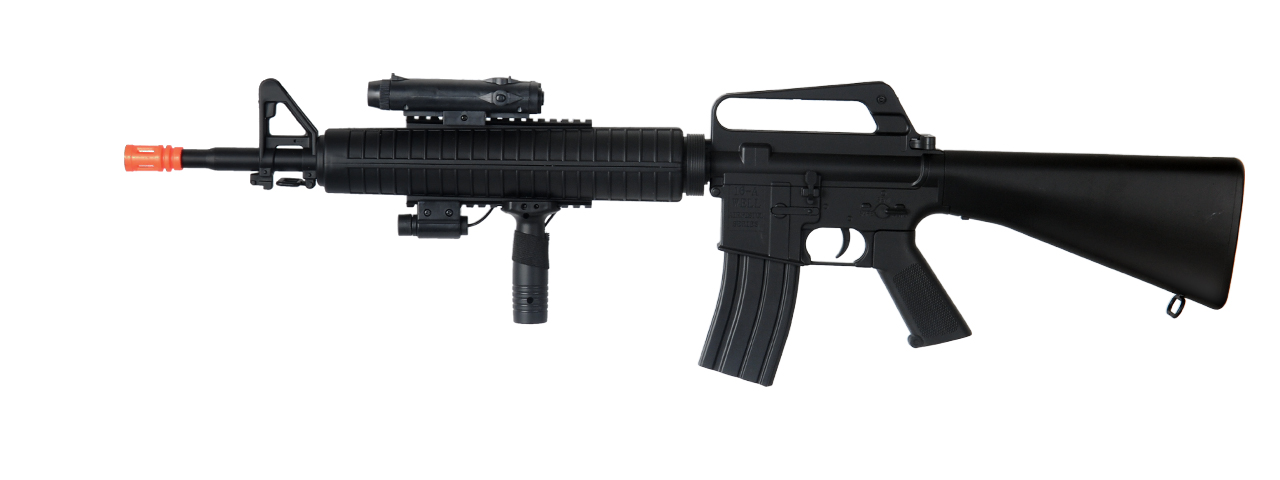 Well Fire M16A3 Spring Powered M4 Rifle w/ Laser, Flashlight, and Vertical Grip (Color: Black) - Click Image to Close