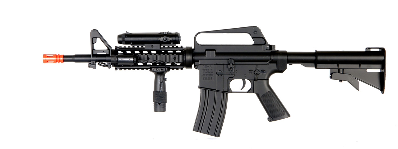 Well M16A4 M4 RIS Spring Rifle w/ Flashlight, Laser, Vertical Foregrip, Retractable Stock - Click Image to Close