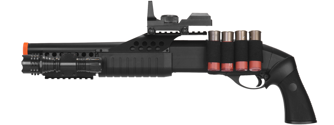 M180B2 SPRING SHOTGUN RIS PISTOL GRIP W/ 4 BULLET SHELLS, SHELL HOLDER, FLASHLIGHT, MOCK RED DOT SCOPE - Click Image to Close