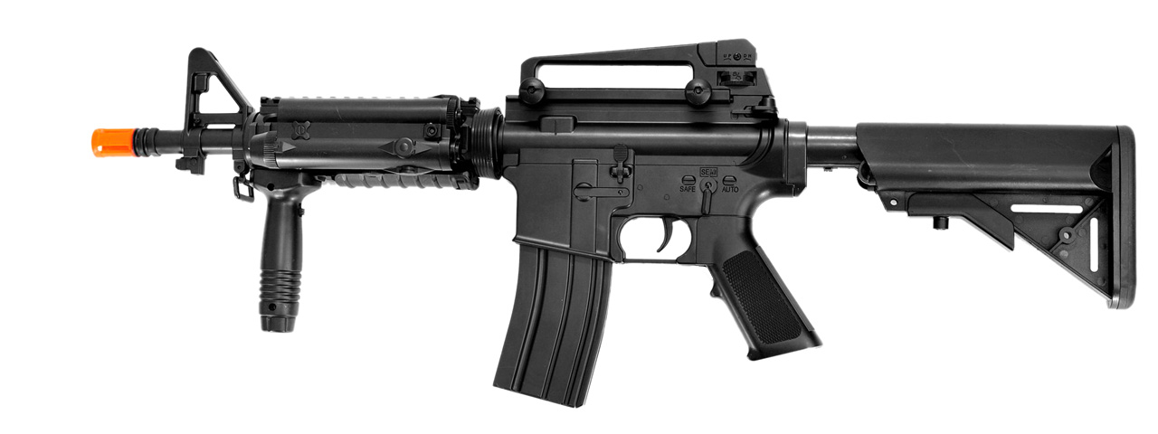 M3081D AEG Plastic Gear CQB M4 w/Rails, Rail Covers, Adjustable Crane Stock, Vertical Fore Grip & Removable Carrying Handle - Click Image to Close