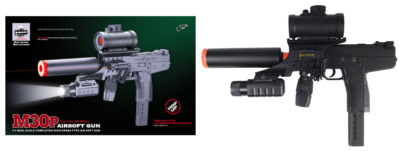 DOUBLE EAGLE M30P UZI SPRING PISTOL WITH LASER, FLASHLIGHT, RED DOT SCOPE AND SILENCER - Click Image to Close