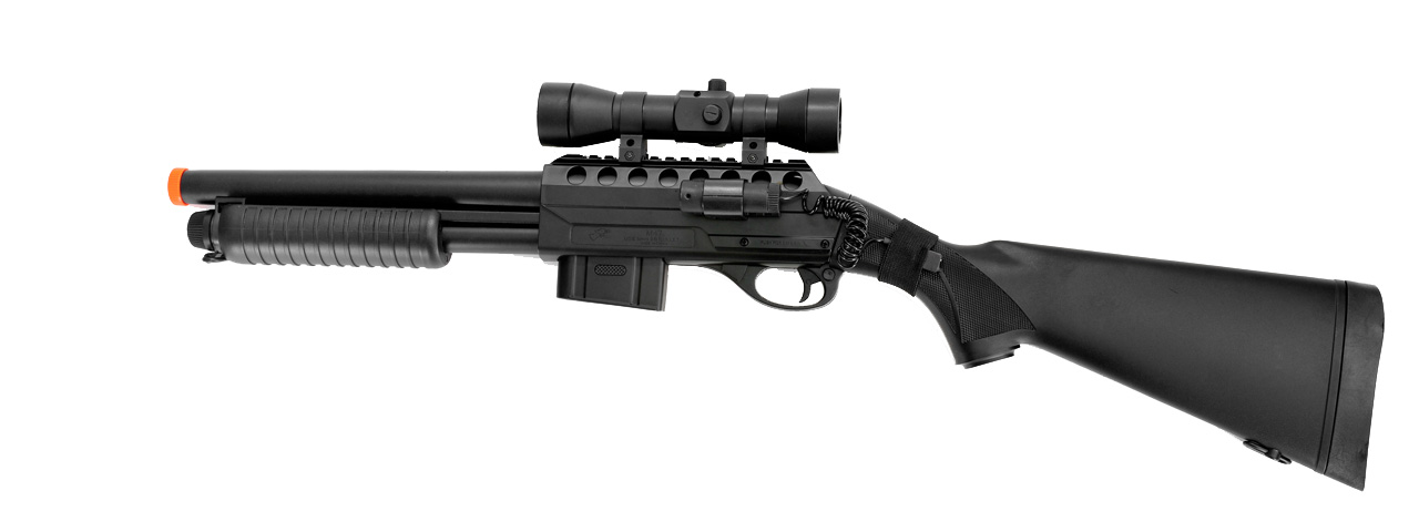 DOUBLE EAGLE AIRSOFT SPRING TENSION SHOTGUN W/ ACCESSORIES - BLACK - Click Image to Close