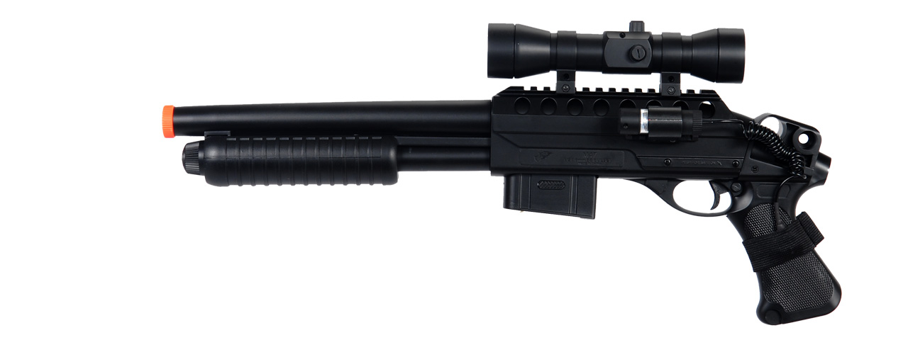 Double Eagle Tactical Sawed-Off Pump Action Airsoft Shotgun w/ Scope, Laser (Color: Black) - Click Image to Close