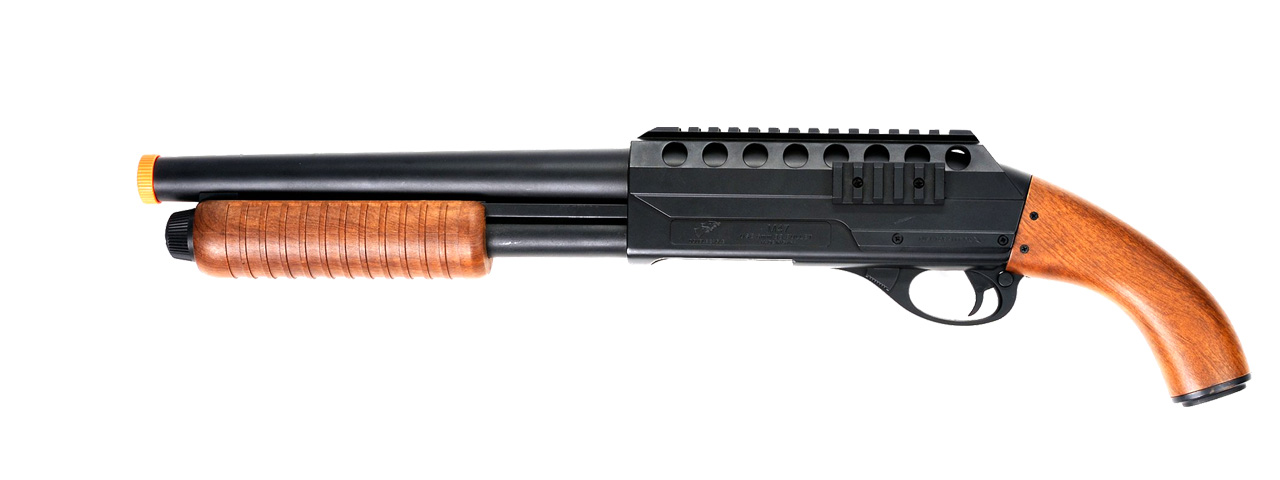 UK Arms M47C Sawed-Off Pump Action Airsoft Shotgun w/ Faux Wood (Color: Black) - Click Image to Close