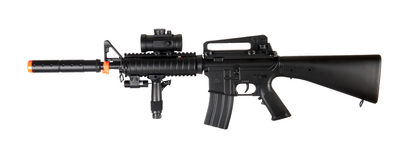Double Eagle M83B2 Plastic Gear M4 AEG w/ Laser, Flashlight, & Red Dot Scope, Black - Click Image to Close