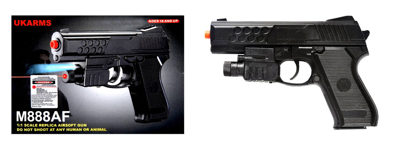 UK ARMS AIRSOFT M888AF SPRING PISTOL W/ FLASHLIGHT & LASER - BLACK - Click Image to Close