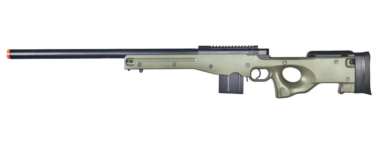 WELL AIRSOFT L96 AWS BOLT ACTION RIFLE W/ ALUMINUM BARREL OPTICS RAIL - OD - Click Image to Close