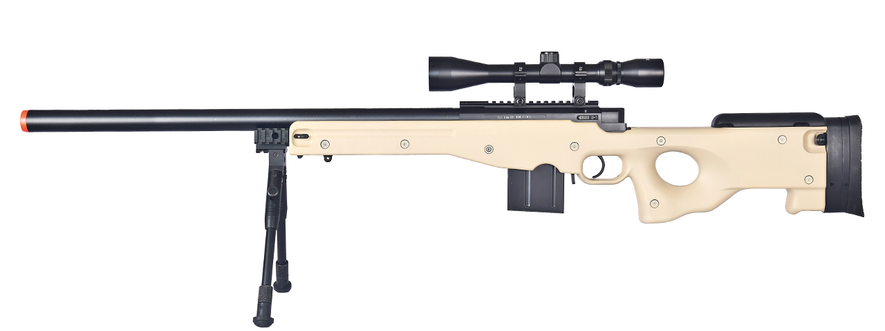WELLFIRE AIRSOFT L96 AWP BOLT ACTION RIFLE W/ BIPOD AND SCOPE - TAN - Click Image to Close