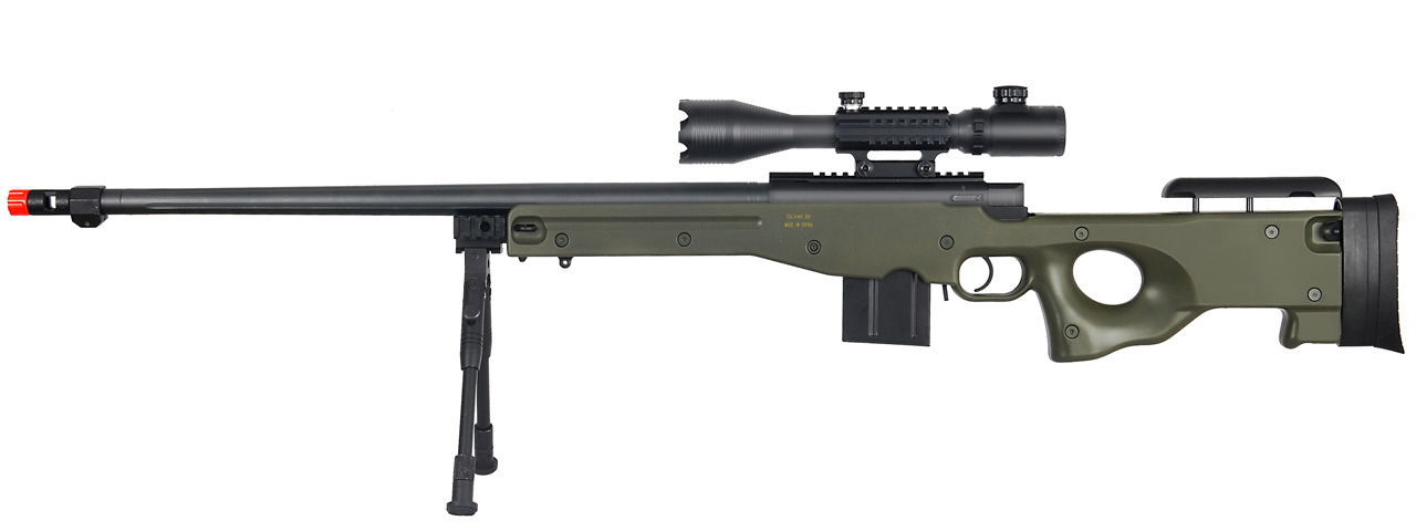 WELL MB4402GAB2 BOLT ACTION RIFLE w/FLUTED BARREL, ILLUMINATED SCOPE & BIPOD (COLOR: OD GREEN) - Click Image to Close