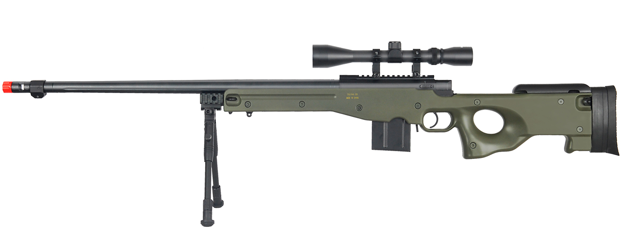 WELL MB4402GAB BOLT ACTION RIFLE w/FLUTED BARREL, SCOPE & BIPOD (COLOR: OD GREEN) - Click Image to Close