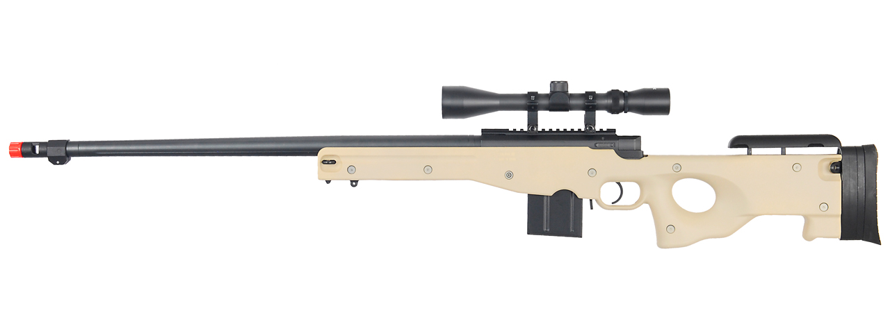 WELL AIRSOFT BOLT ACTION RIFLE W/ FLUTED BARREL AND SCOPE - TAN - Click Image to Close