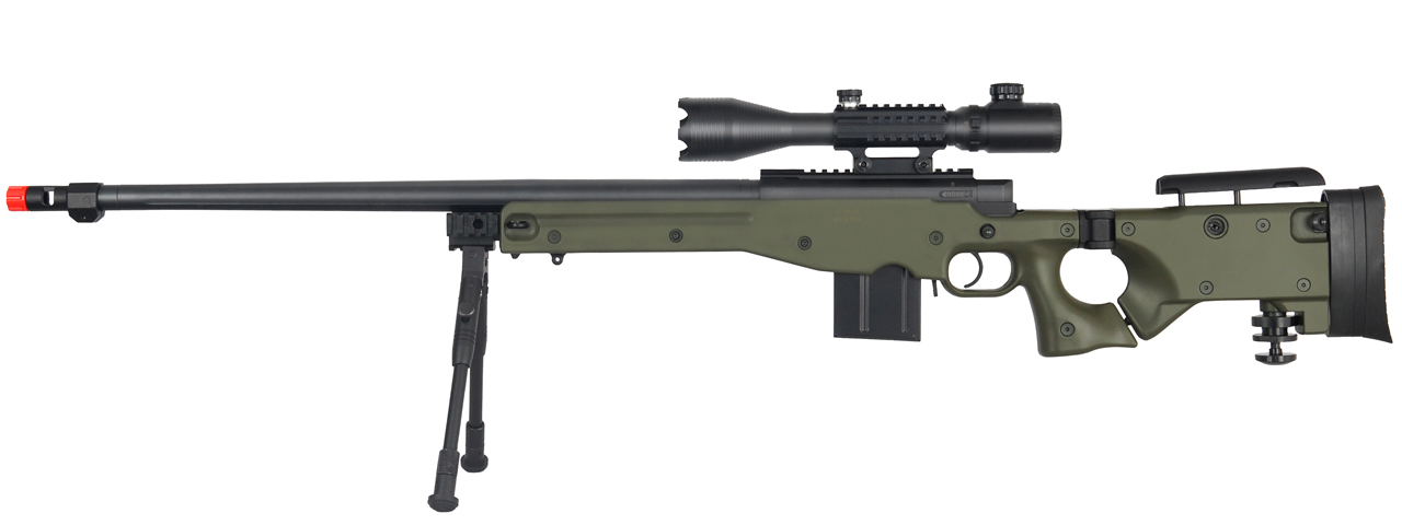 WELL AIRSOFT MK96 BOLT ACTION RIFLE W/ BARREL, SCOPE & BIPOD - GREEN - Click Image to Close