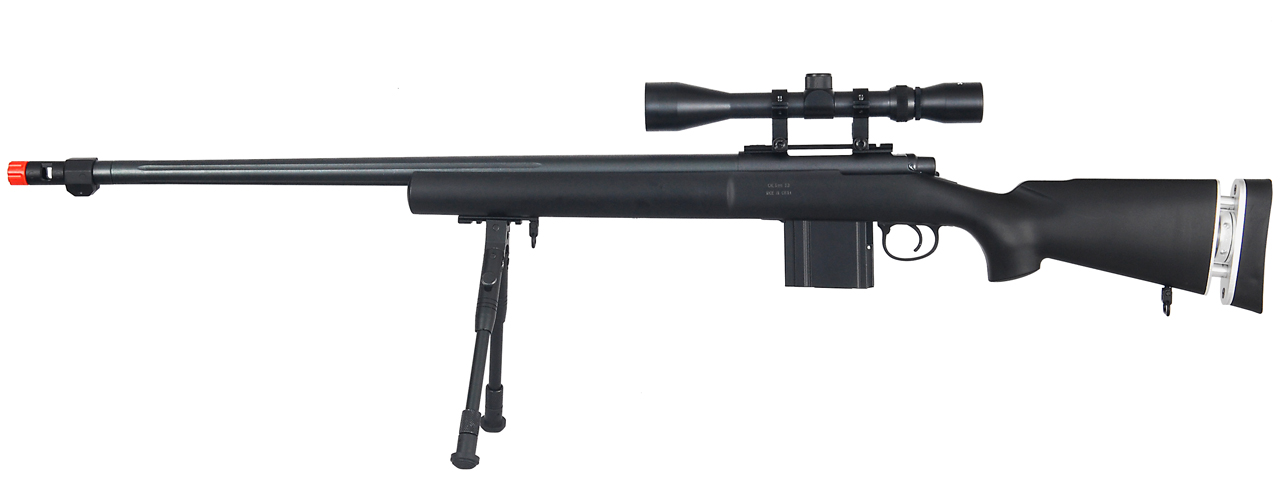 WELL AIRSOFT MK96 BOLT ACTION RIFLE W/ BARREL, SCOPE & BIPOD - BLACK - Click Image to Close