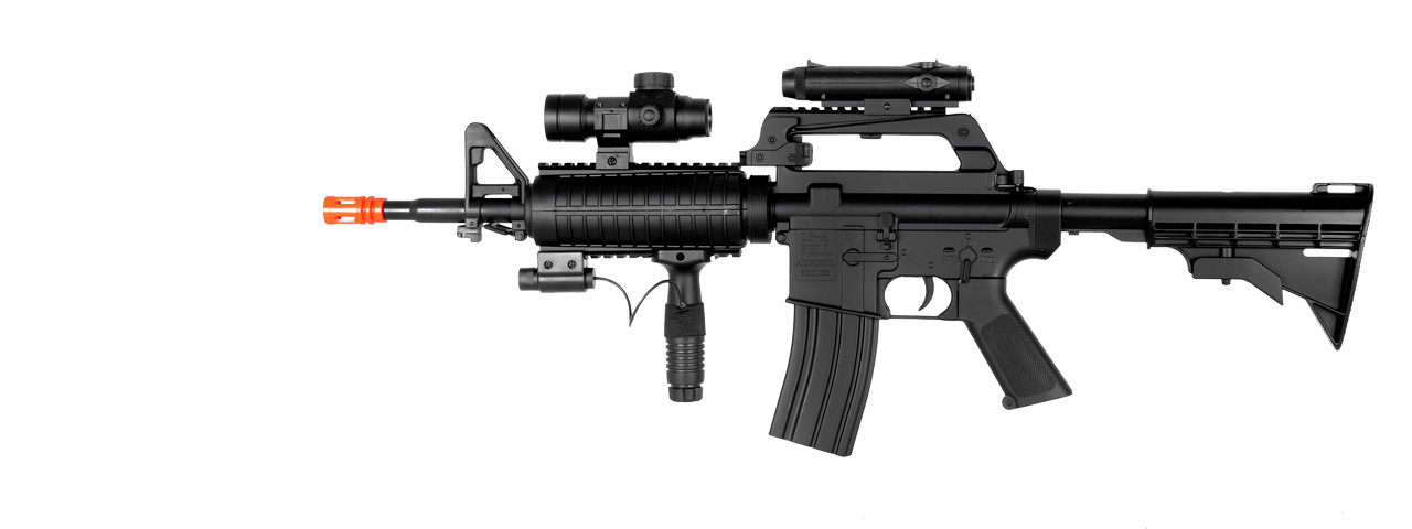 Well Fire MR744 M4 RIS Airsoft Spring Rifle w/ Adjustable Stock, Red Dot, Flashlight (Color: Black) - Click Image to Close