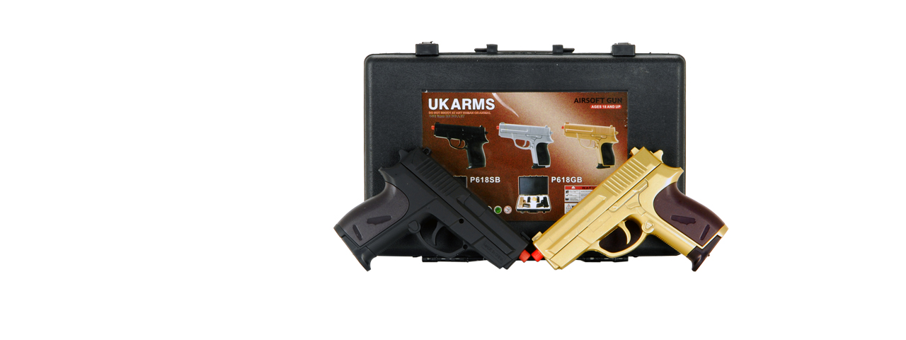 UKARMS P618GB 2 Spring Pistols in Combo Pack ( Black and Gold ) - Click Image to Close