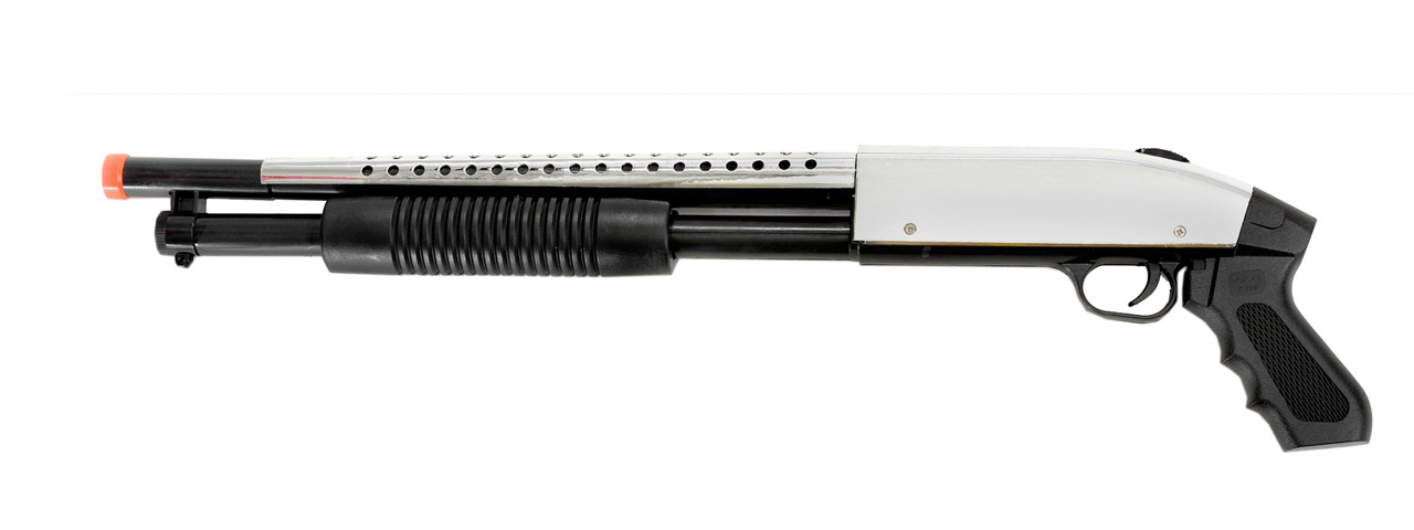 CYMA P788S Pump Action Airsoft Spring Shotgun (Color: Chrome) - Click Image to Close