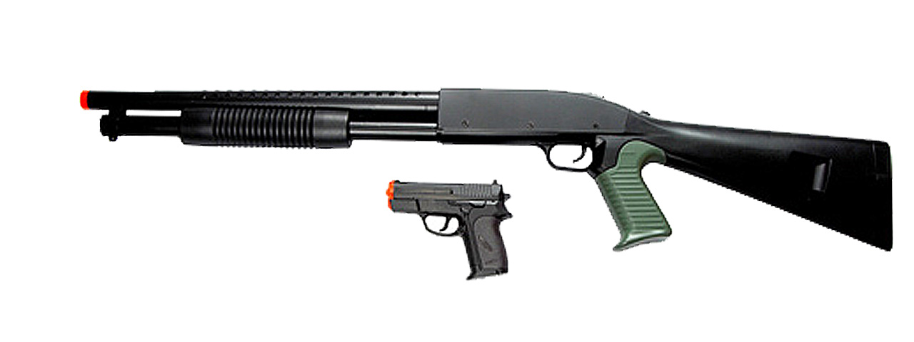 CYMA P778B Pump Action Airsoft Spring Shotgun w/ P618 Spring Pistol (Color: Black) - Click Image to Close