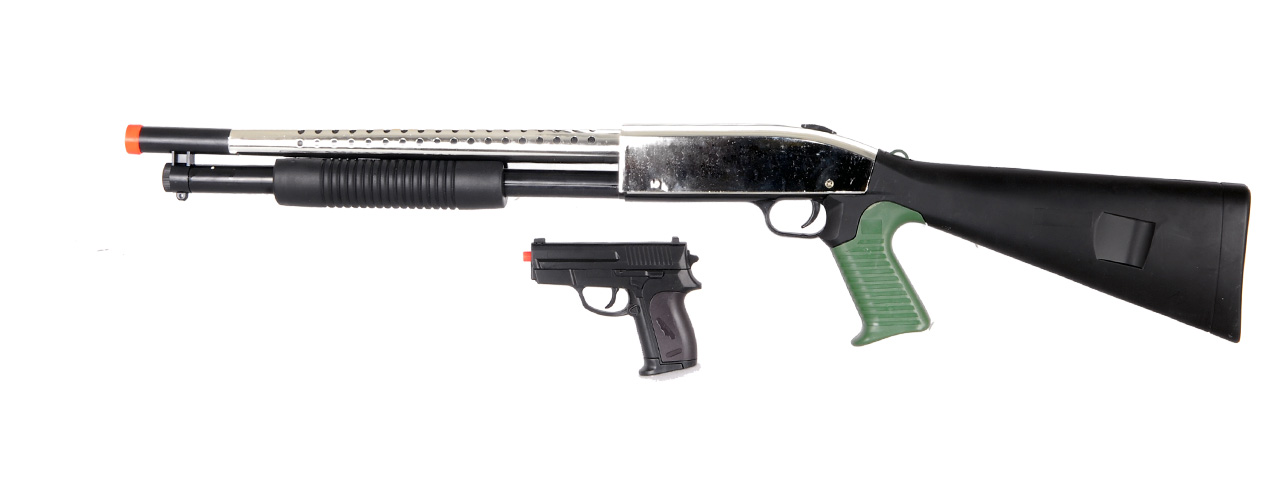 UKARMS P799 Spring Shotgun Silver with Bonus P618 Spring Pistol Combo Box - Click Image to Close